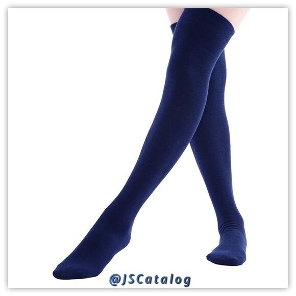 Solid Navy Cotton Thigh High Socks OS - Picture 6 of 6